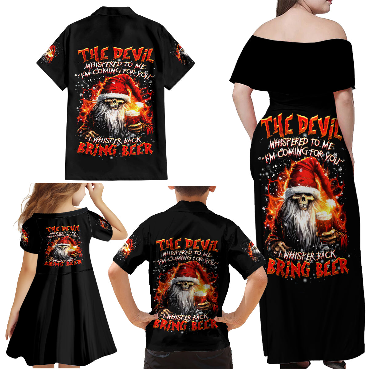 Skeleton Santa Claus Family Matching Off Shoulder Maxi Dress and Hawaiian Shirt The Devil Whispered To Me I'm Coming For You I Whisper Back Bring Beer - Wonder Print Shop