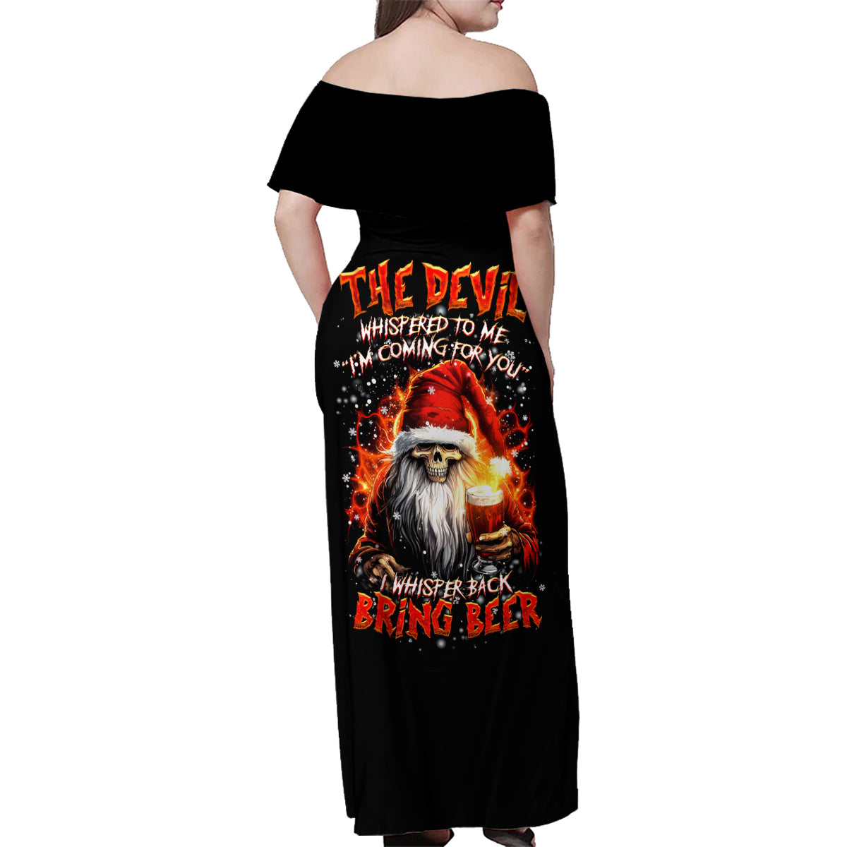 Skeleton Santa Claus Family Matching Off Shoulder Maxi Dress and Hawaiian Shirt The Devil Whispered To Me I'm Coming For You I Whisper Back Bring Beer - Wonder Print Shop