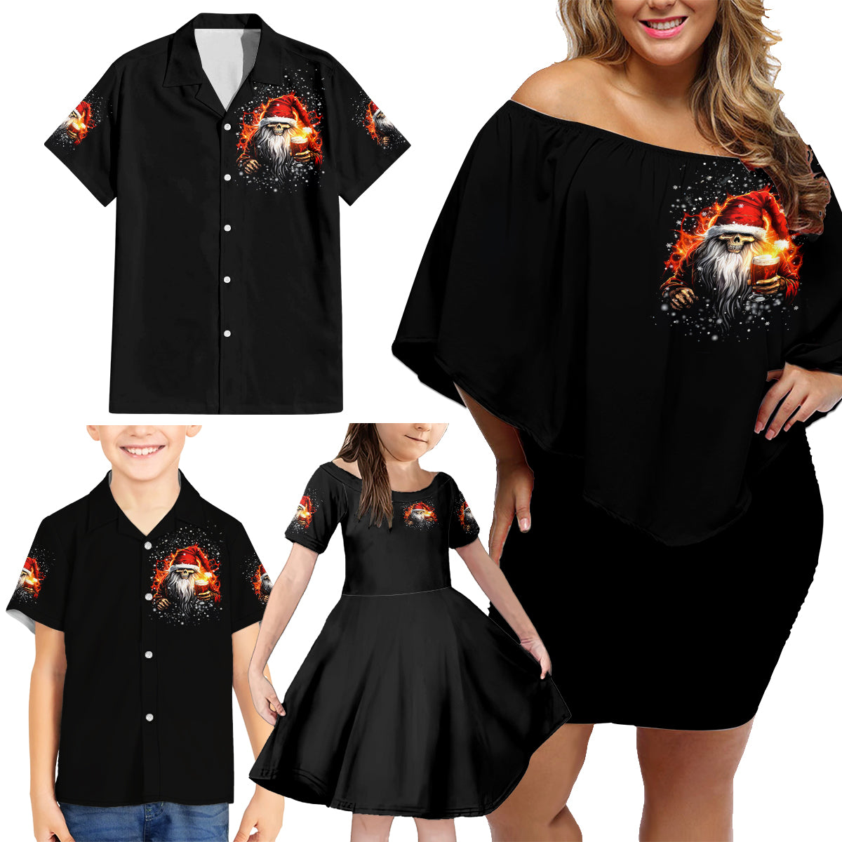 Skeleton Santa Claus Family Matching Off Shoulder Short Dress and Hawaiian Shirt The Devil Whispered To Me I'm Coming For You I Whisper Back Bring Beer - Wonder Print Shop