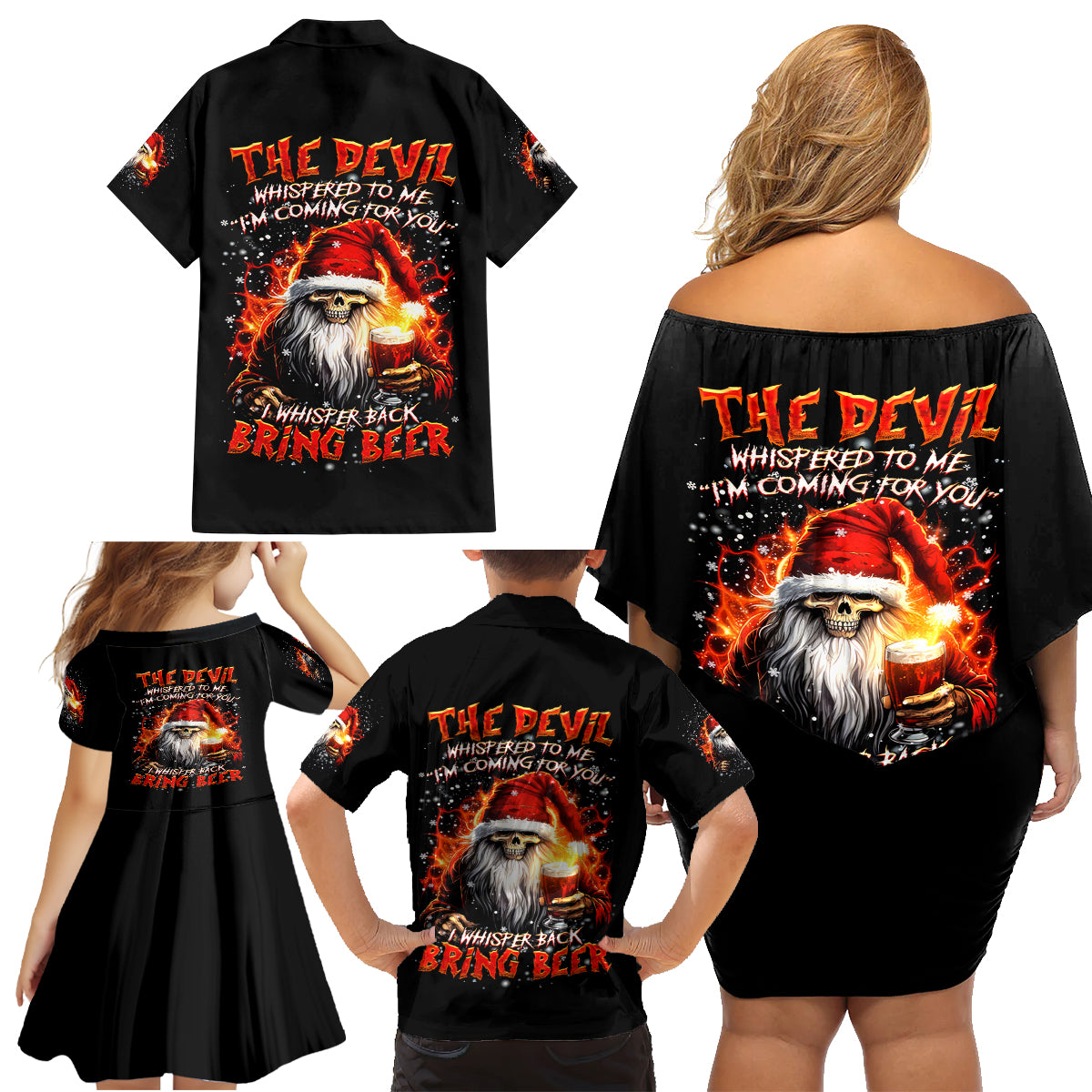 Skeleton Santa Claus Family Matching Off Shoulder Short Dress and Hawaiian Shirt The Devil Whispered To Me I'm Coming For You I Whisper Back Bring Beer - Wonder Print Shop