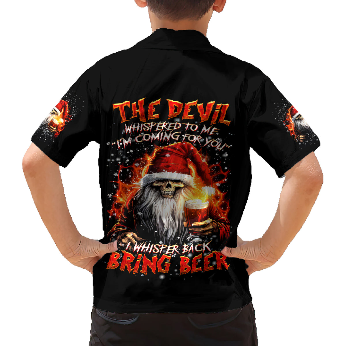 Skeleton Santa Claus Family Matching Short Sleeve Bodycon Dress and Hawaiian Shirt The Devil Whispered To Me I'm Coming For You I Whisper Back Bring Beer - Wonder Print Shop