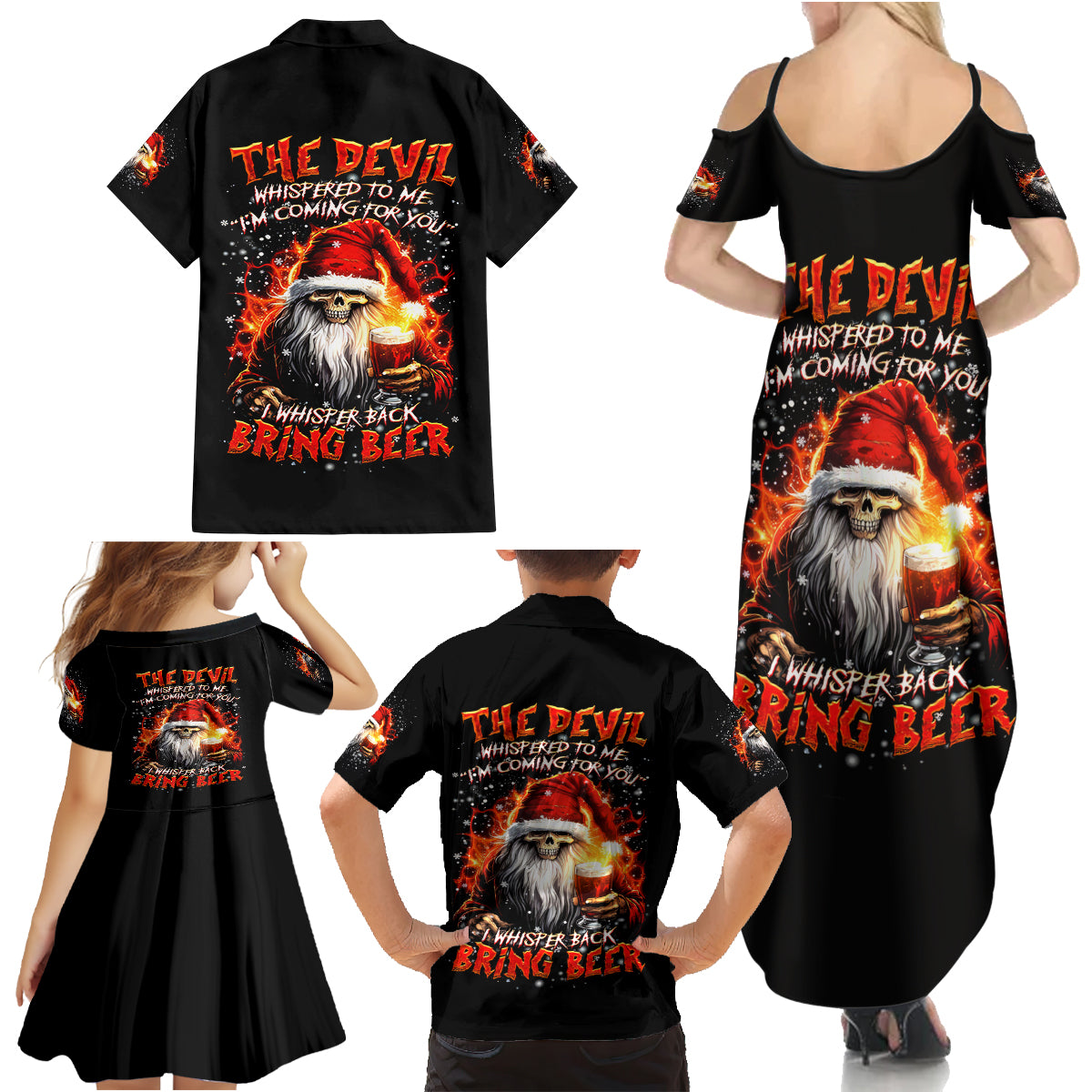 Skeleton Santa Claus Family Matching Summer Maxi Dress and Hawaiian Shirt The Devil Whispered To Me I'm Coming For You I Whisper Back Bring Beer - Wonder Print Shop
