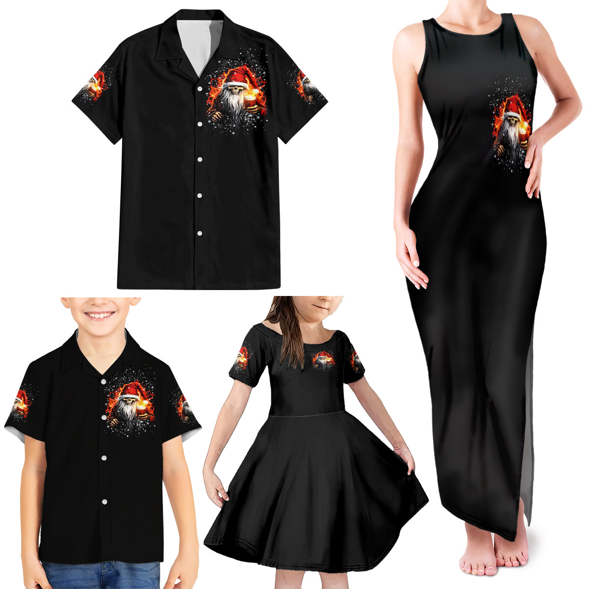 Skeleton Santa Claus Family Matching Tank Maxi Dress and Hawaiian Shirt The Devil Whispered To Me I'm Coming For You I Whisper Back Bring Beer - Wonder Print Shop