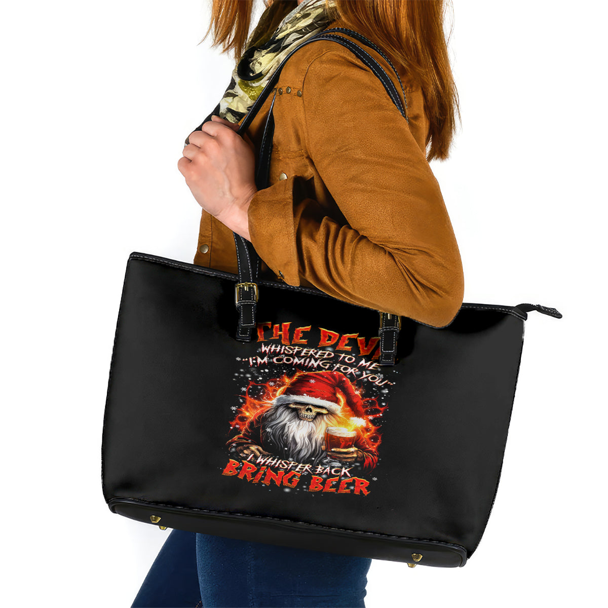 Skeleton Santa Claus Leather Tote Bag The Devil Whispered To Me I'm Coming For You I Whisper Back Bring Beer - Wonder Print Shop