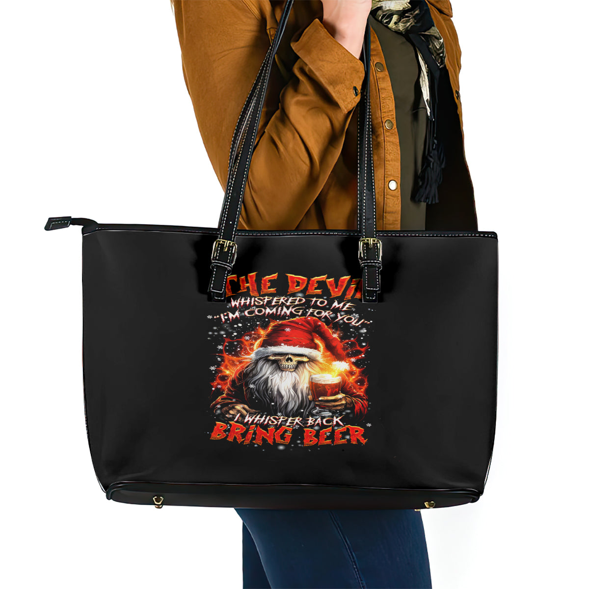 Skeleton Santa Claus Leather Tote Bag The Devil Whispered To Me I'm Coming For You I Whisper Back Bring Beer - Wonder Print Shop