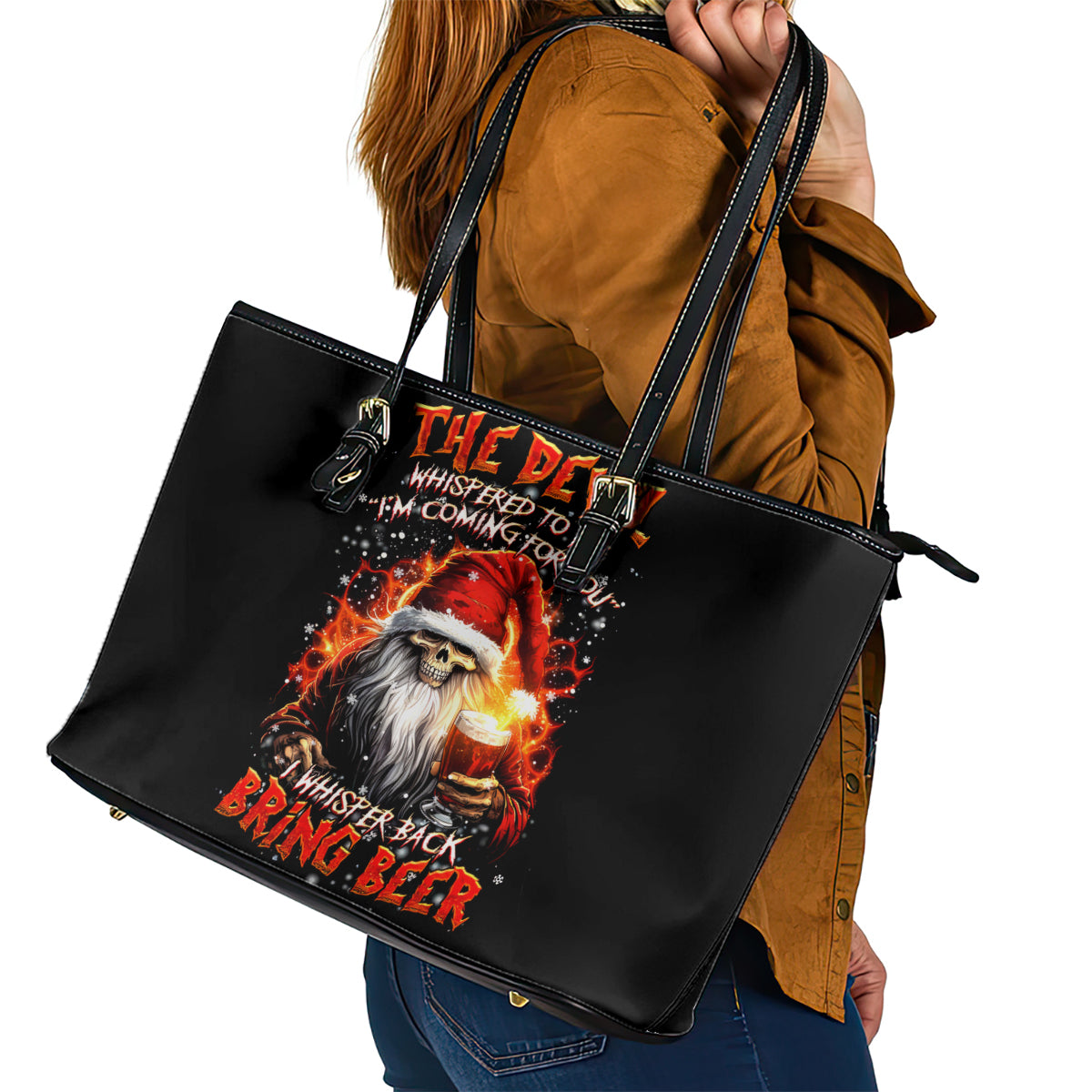 Skeleton Santa Claus Leather Tote Bag The Devil Whispered To Me I'm Coming For You I Whisper Back Bring Beer - Wonder Print Shop