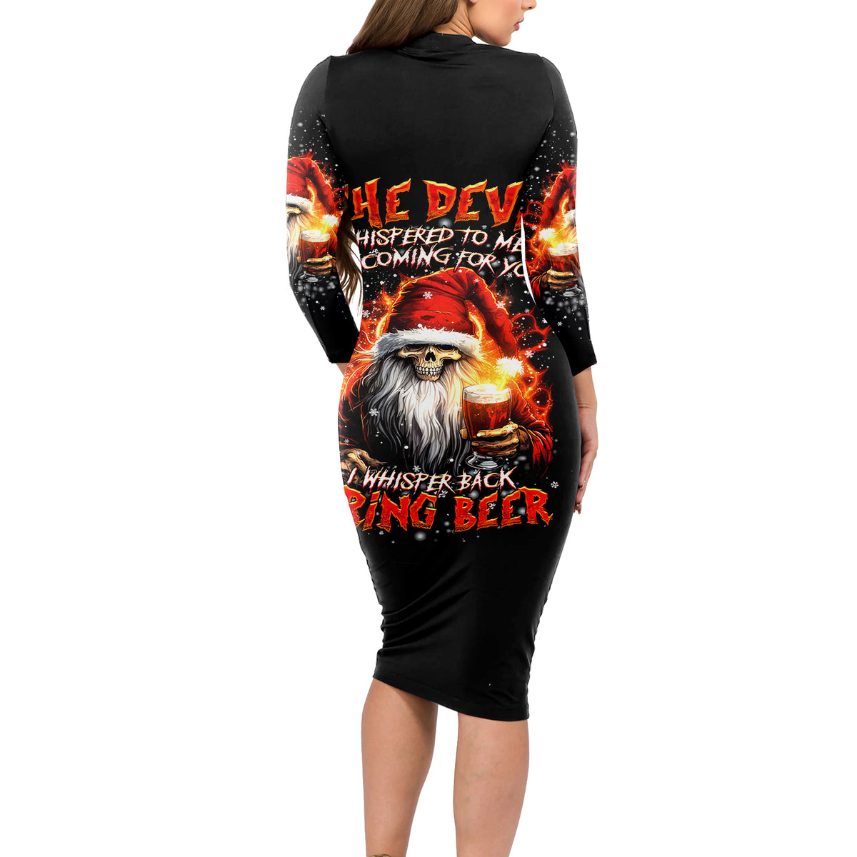 Skeleton Santa Claus Long Sleeve Bodycon Dress The Devil Whispered To Me I'm Coming For You I Whisper Back Bring Beer - Wonder Print Shop