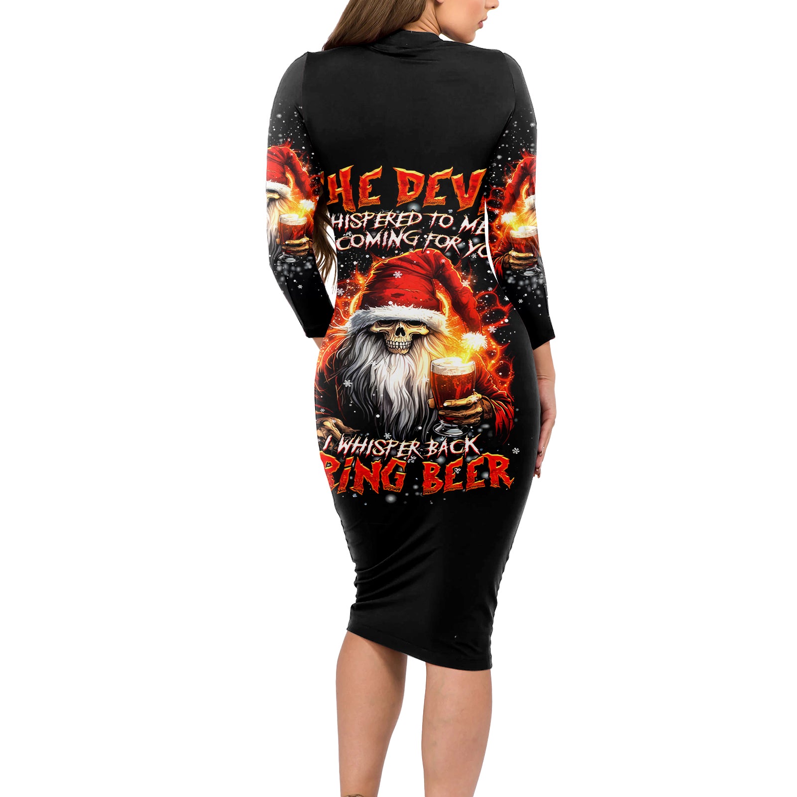Skeleton Santa Claus Long Sleeve Bodycon Dress The Devil Whispered To Me I'm Coming For You I Whisper Back Bring Beer - Wonder Print Shop