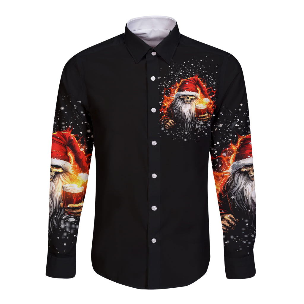 Skeleton Santa Claus Long Sleeve Button Shirt The Devil Whispered To Me I'm Coming For You I Whisper Back Bring Beer - Wonder Print Shop