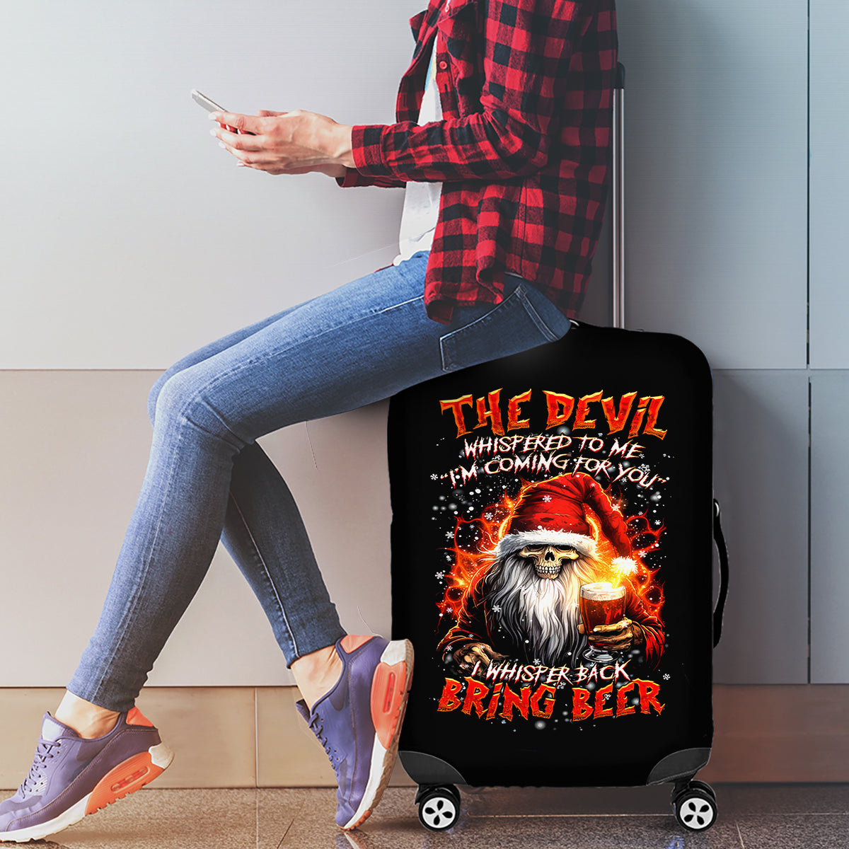 Skeleton Santa Claus Luggage Cover The Devil Whispered To Me I'm Coming For You I Whisper Back Bring Beer - Wonder Print Shop