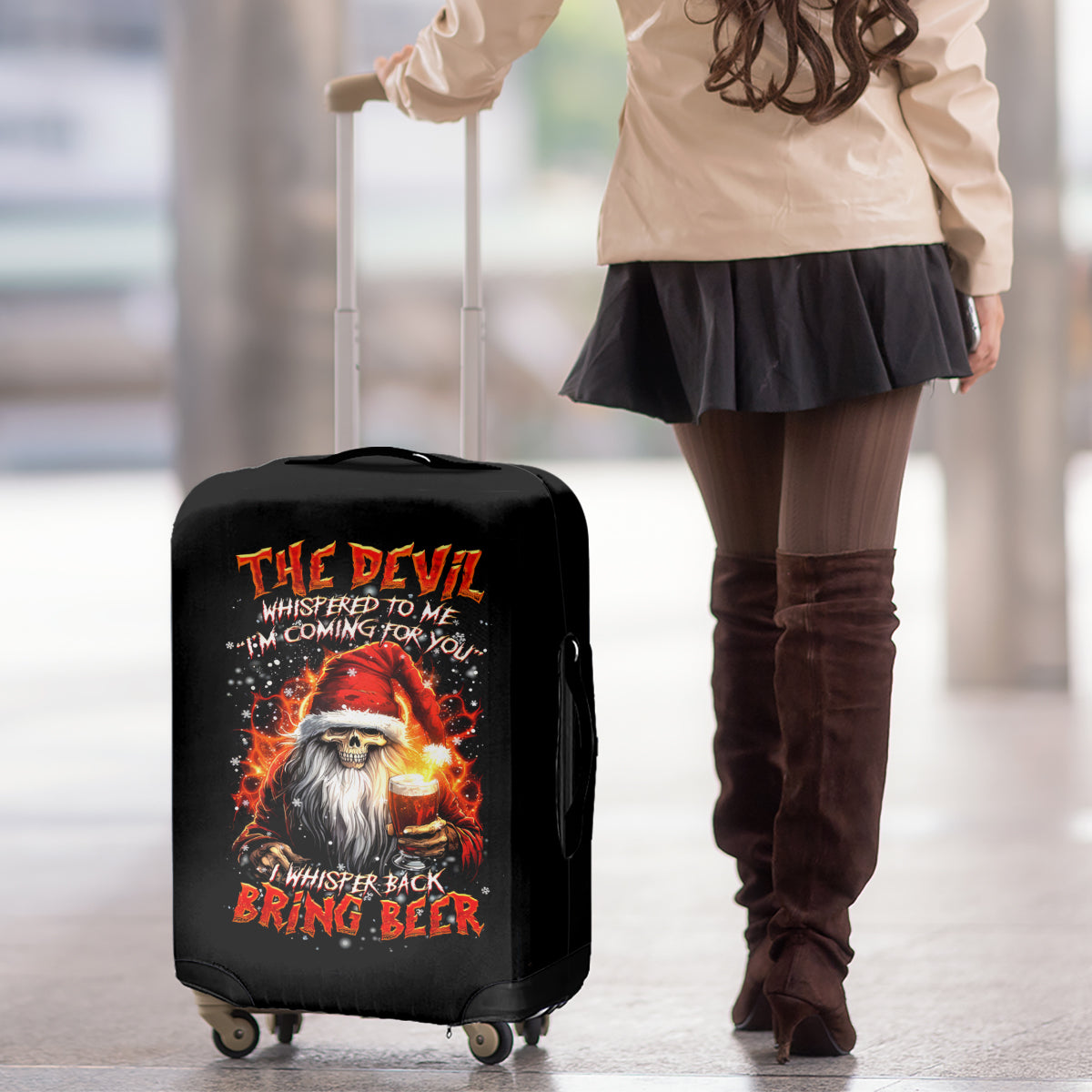 Skeleton Santa Claus Luggage Cover The Devil Whispered To Me I'm Coming For You I Whisper Back Bring Beer - Wonder Print Shop