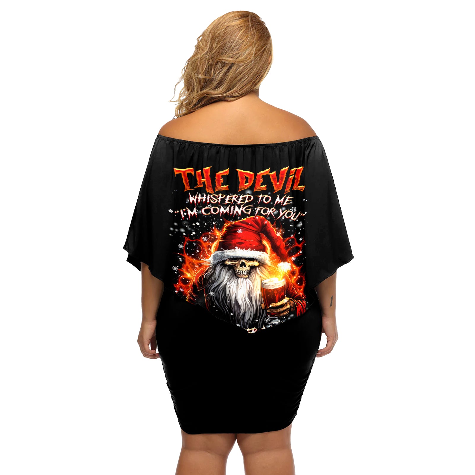 Skeleton Santa Claus Off Shoulder Short Dress The Devil Whispered To Me I'm Coming For You I Whisper Back Bring Beer - Wonder Print Shop