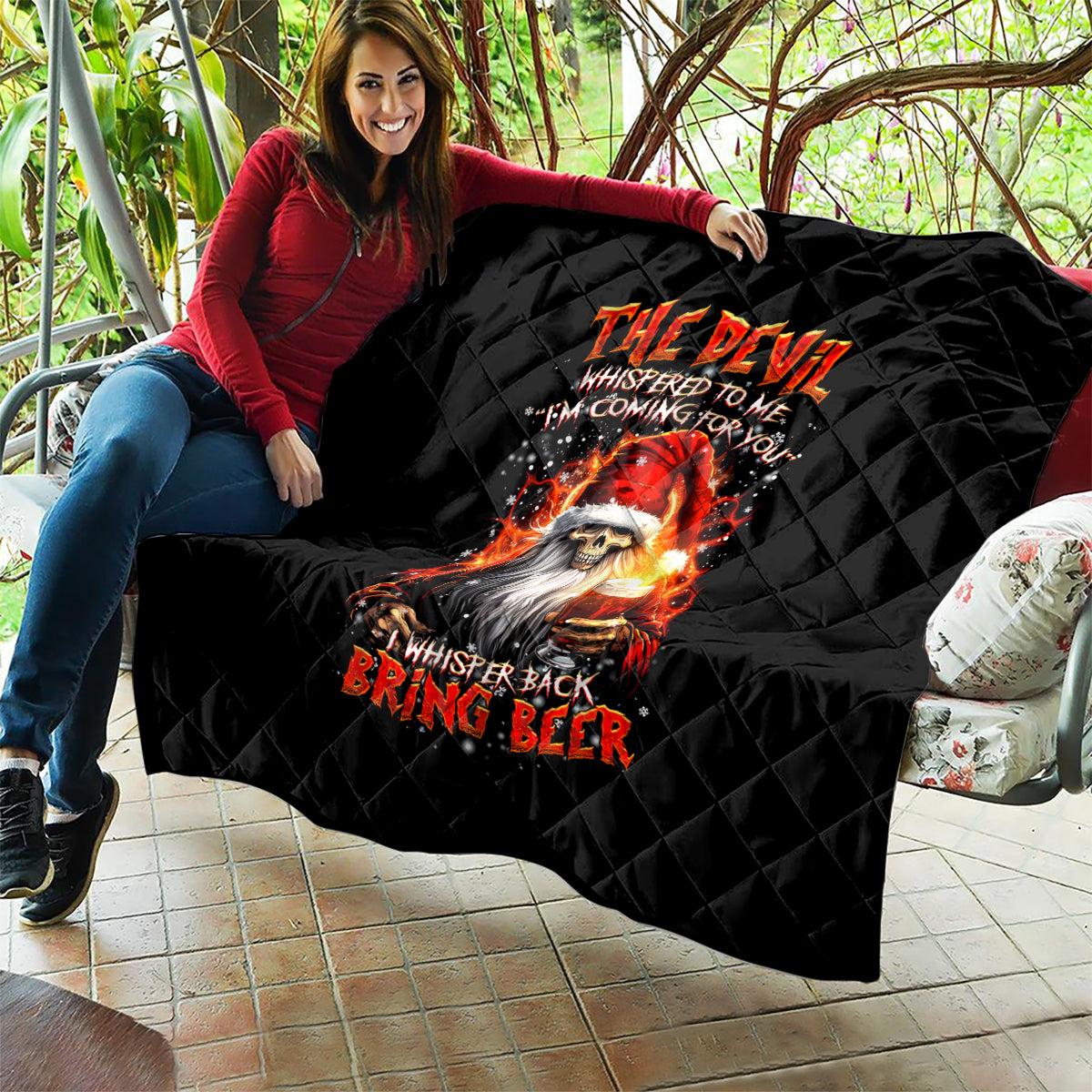 Skeleton Santa Claus Quilt The Devil Whispered To Me I'm Coming For You I Whisper Back Bring Beer - Wonder Print Shop