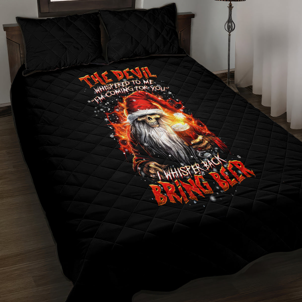Skeleton Santa Claus Quilt Bed Set The Devil Whispered To Me I'm Coming For You I Whisper Back Bring Beer - Wonder Print Shop