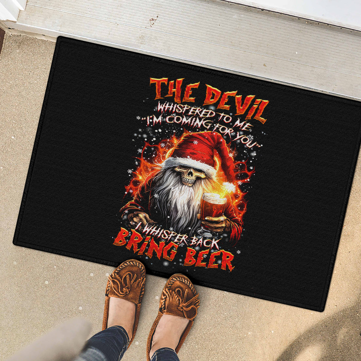 Skeleton Santa Claus Rubber Doormat The Devil Whispered To Me I'm Coming For You I Whisper Back Bring Beer - Wonder Print Shop