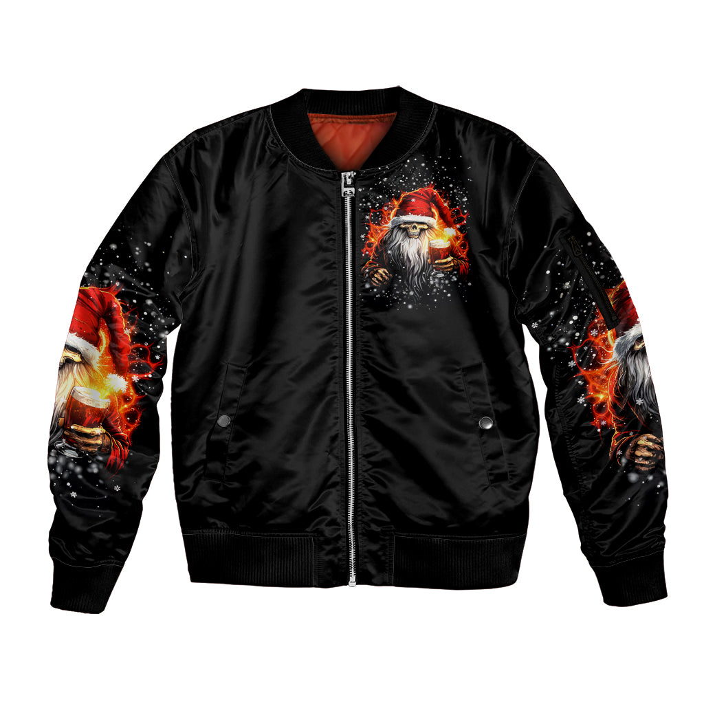 Skeleton Santa Claus Sleeve Zip Bomber Jacket The Devil Whispered To Me I'm Coming For You I Whisper Back Bring Beer - Wonder Print Shop
