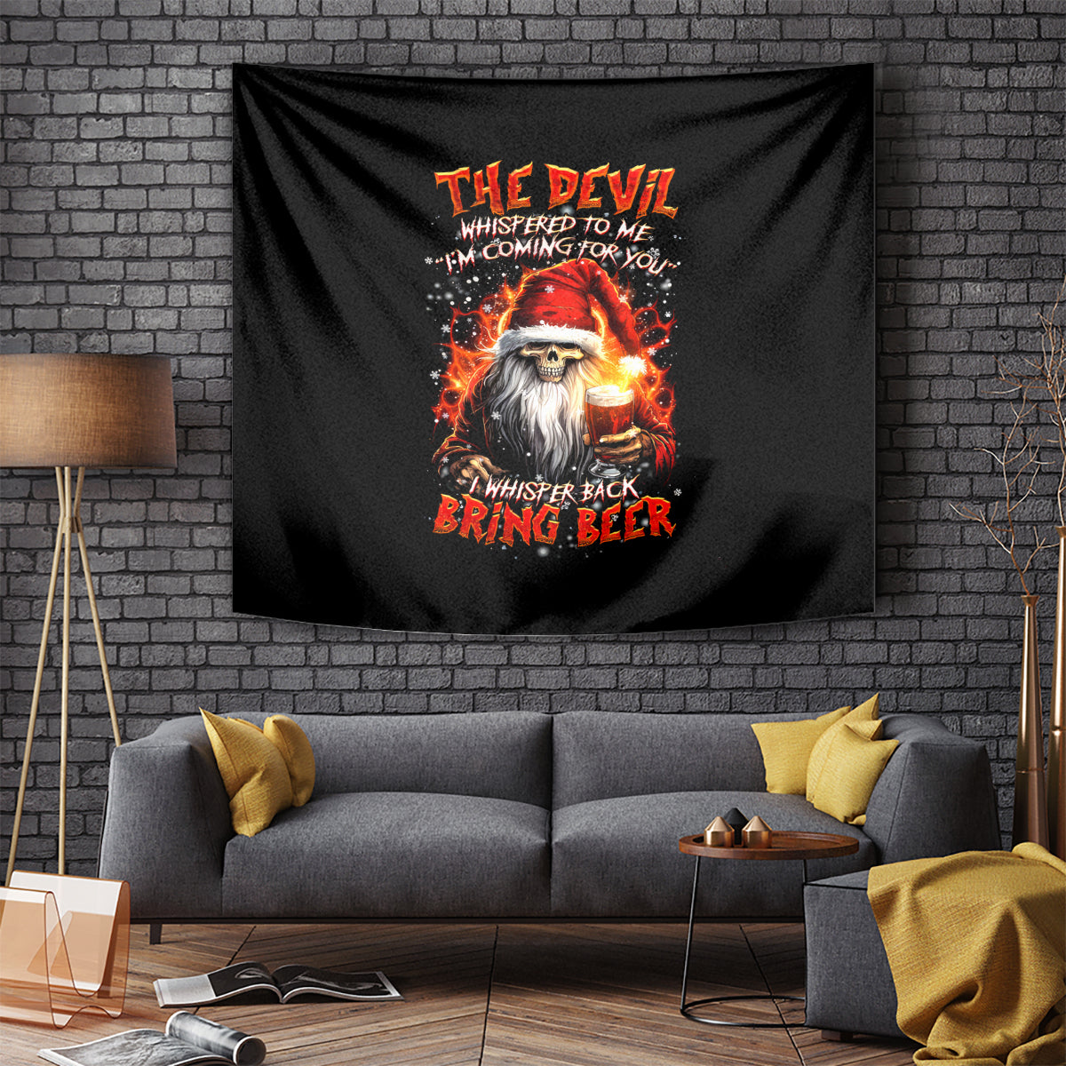 Skeleton Santa Claus Tapestry The Devil Whispered To Me I'm Coming For You I Whisper Back Bring Beer - Wonder Print Shop