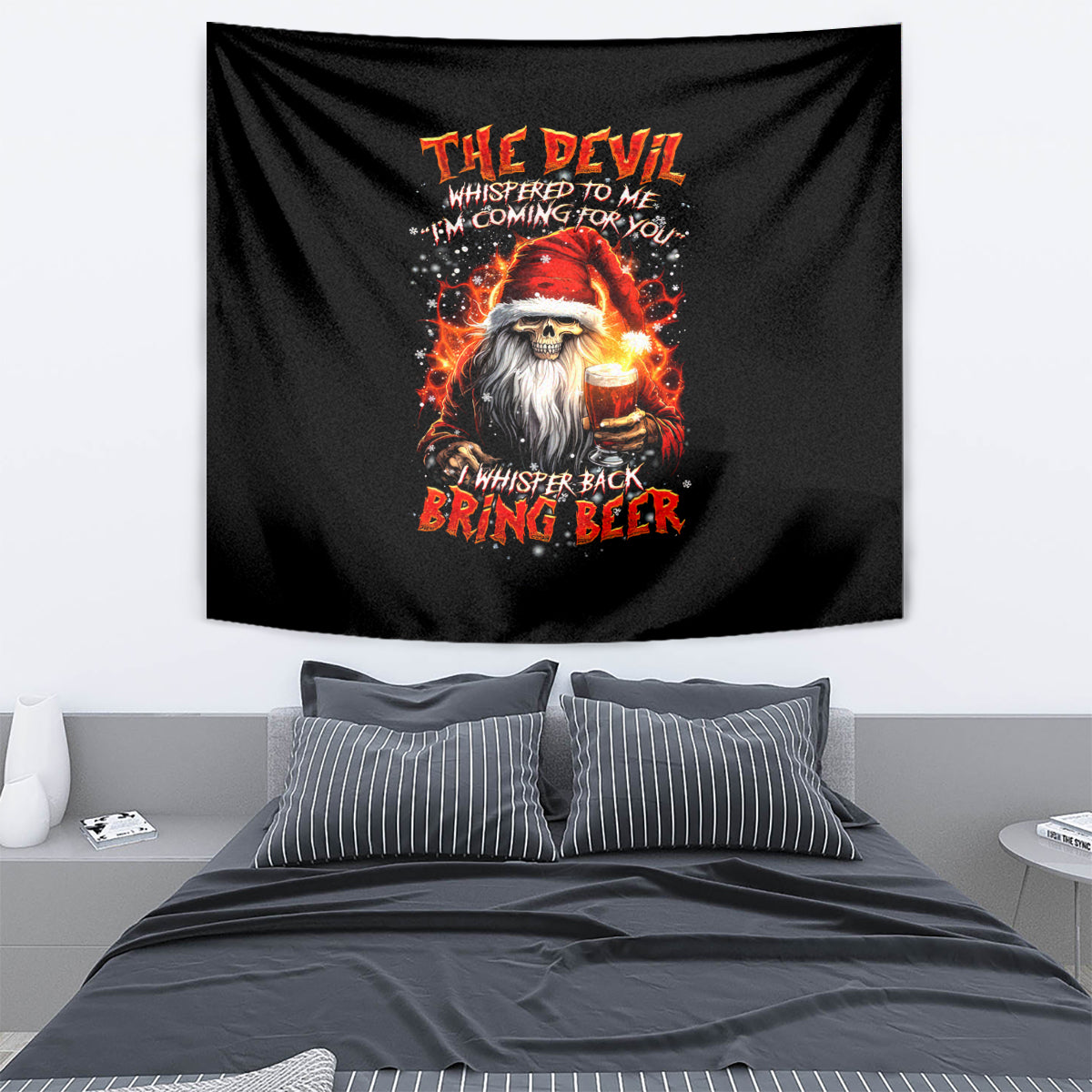 Skeleton Santa Claus Tapestry The Devil Whispered To Me I'm Coming For You I Whisper Back Bring Beer - Wonder Print Shop
