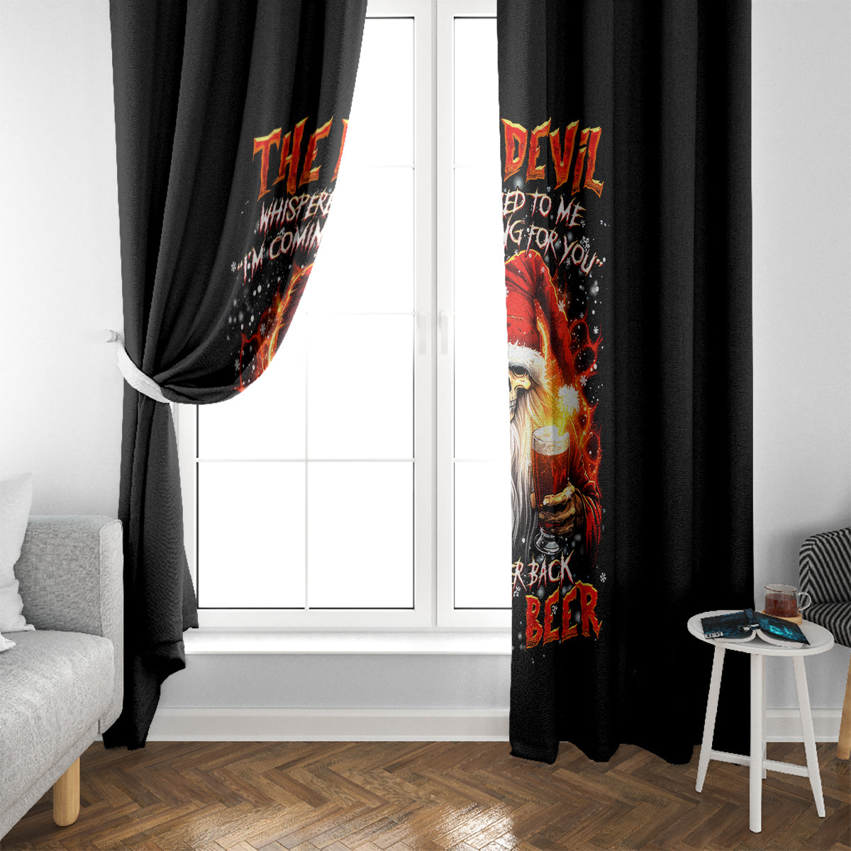 Skeleton Santa Claus Window Curtain The Devil Whispered To Me I'm Coming For You I Whisper Back Bring Beer - Wonder Print Shop