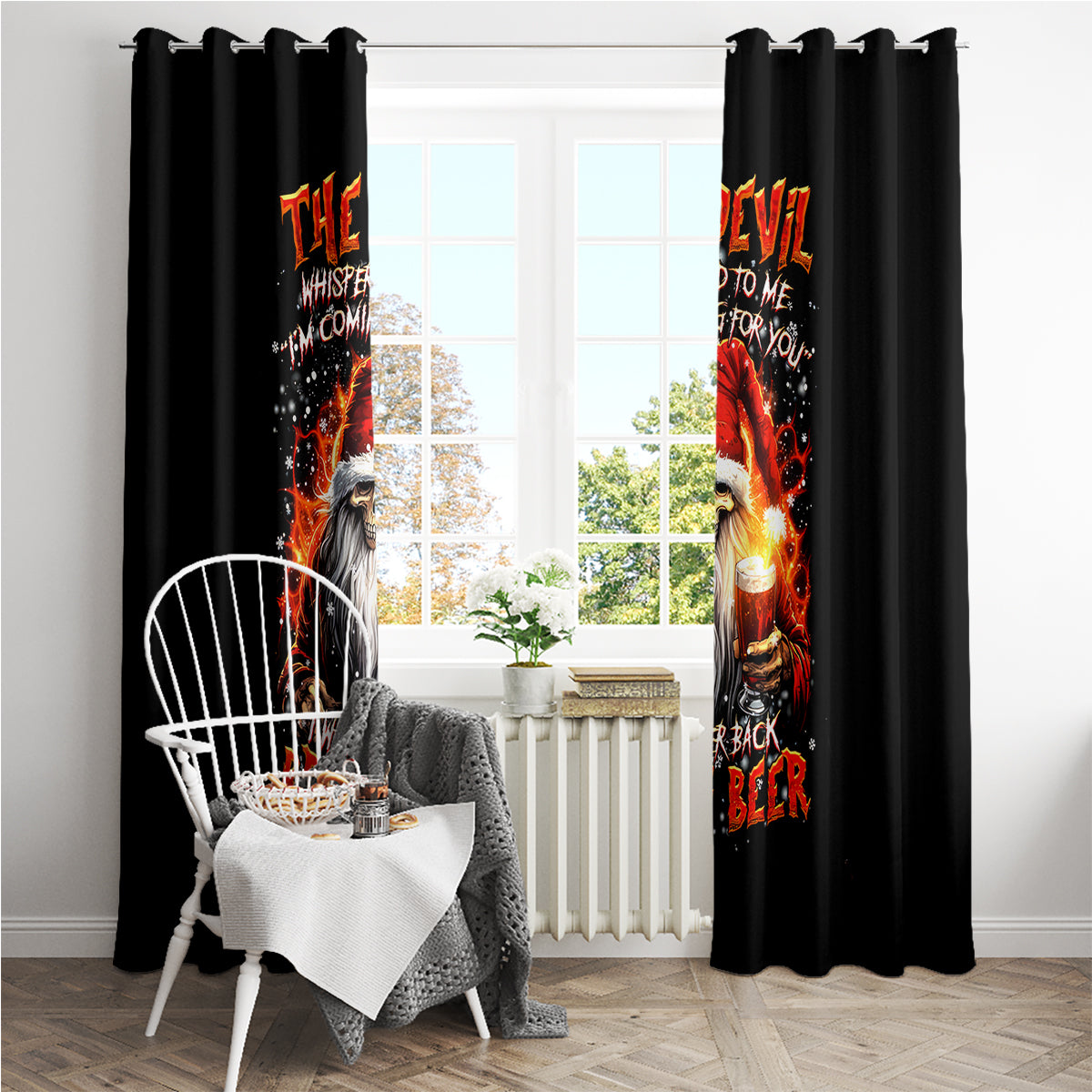 Skeleton Santa Claus Window Curtain The Devil Whispered To Me I'm Coming For You I Whisper Back Bring Beer - Wonder Print Shop