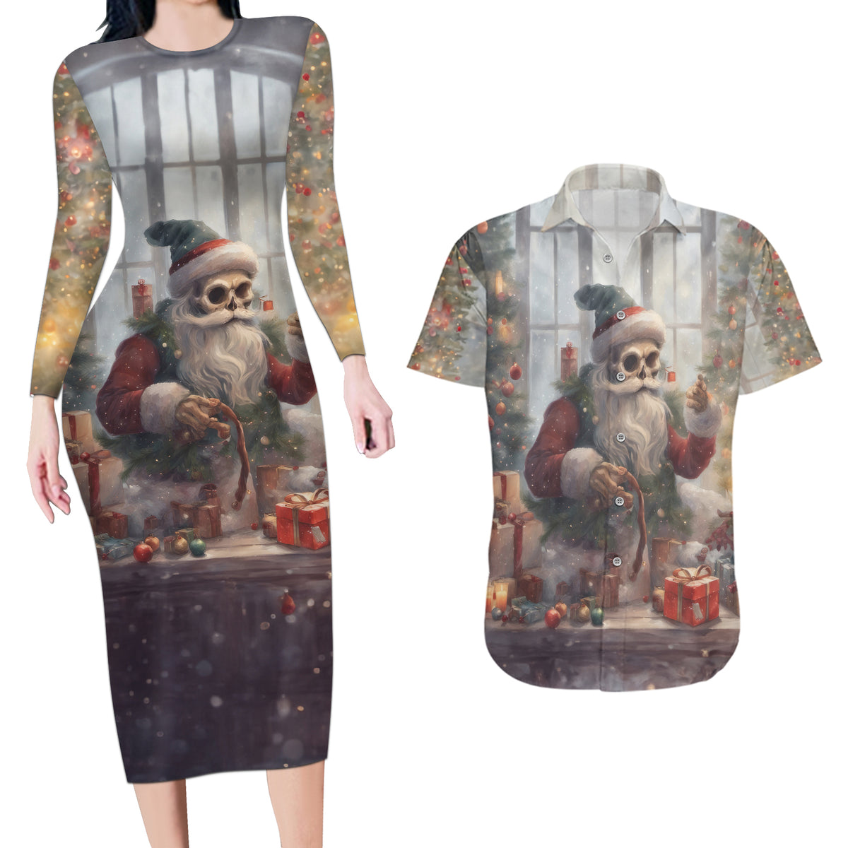 Skeleton Santa Claus Couples Matching Long Sleeve Bodycon Dress and Hawaiian Shirt Repair For Christmas Santa Claus - Wonder Print Shop