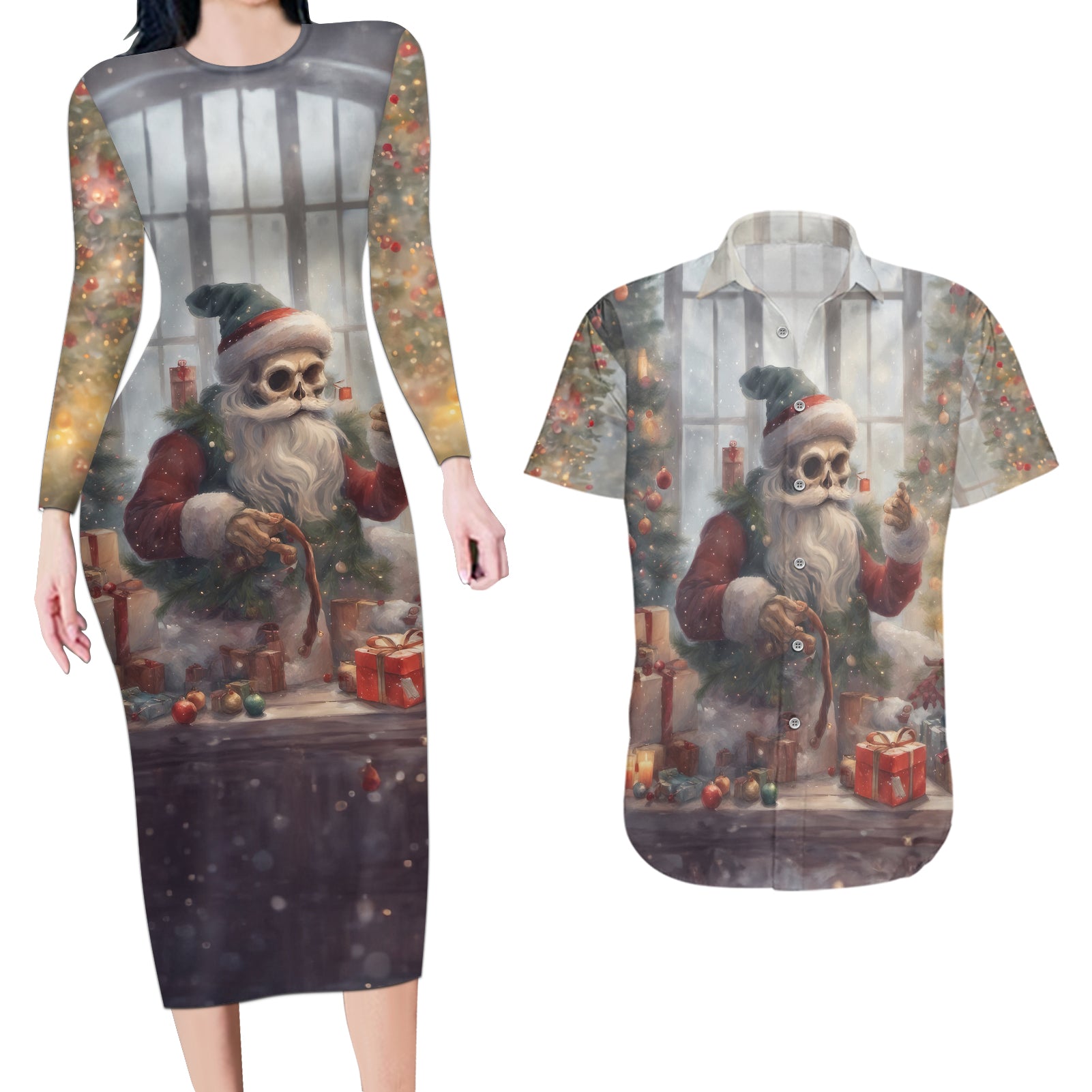 Skeleton Santa Claus Couples Matching Long Sleeve Bodycon Dress and Hawaiian Shirt Repair For Christmas Santa Claus - Wonder Print Shop