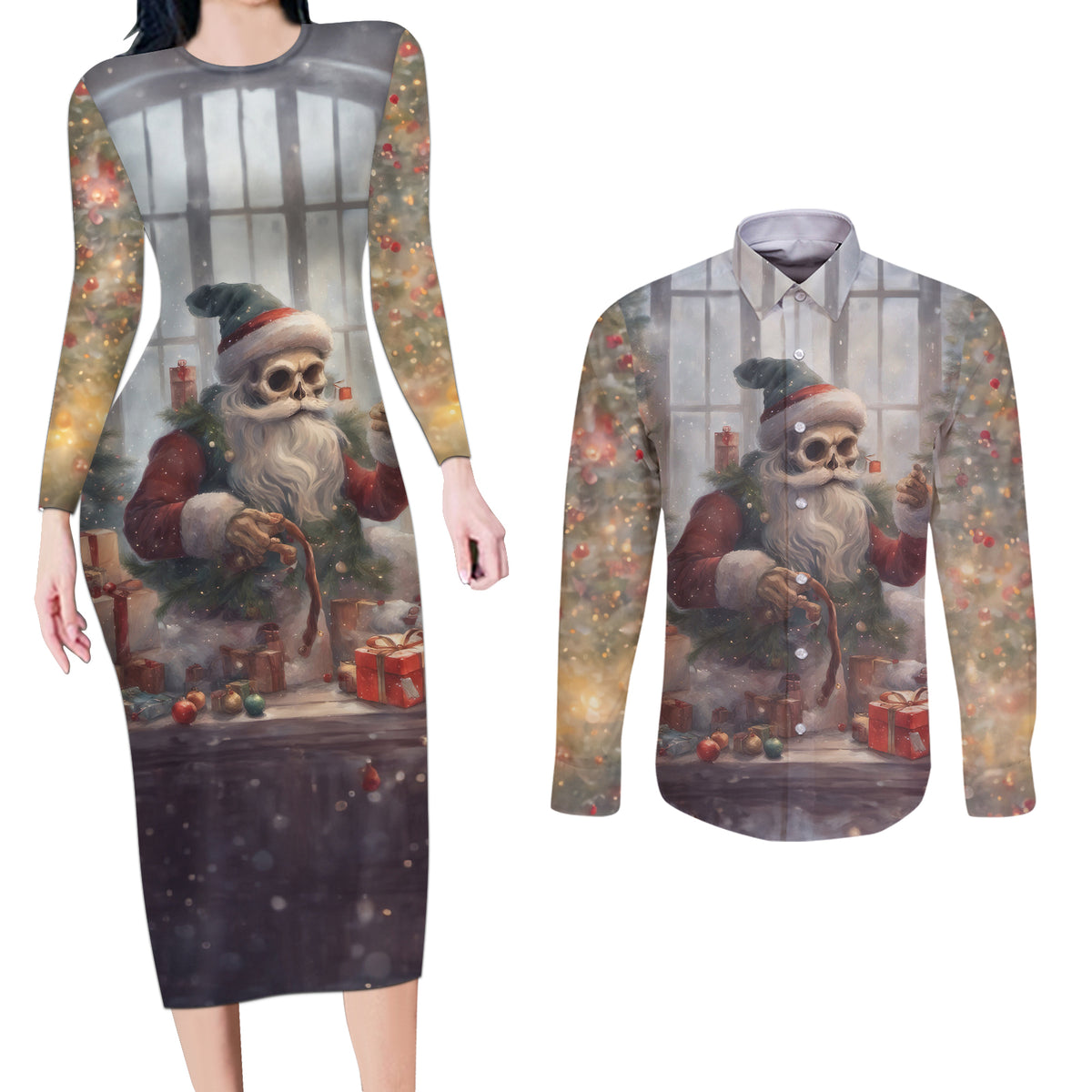 Skeleton Santa Claus Couples Matching Long Sleeve Bodycon Dress and Long Sleeve Button Shirt Repair For Christmas Santa Claus - Wonder Print Shop