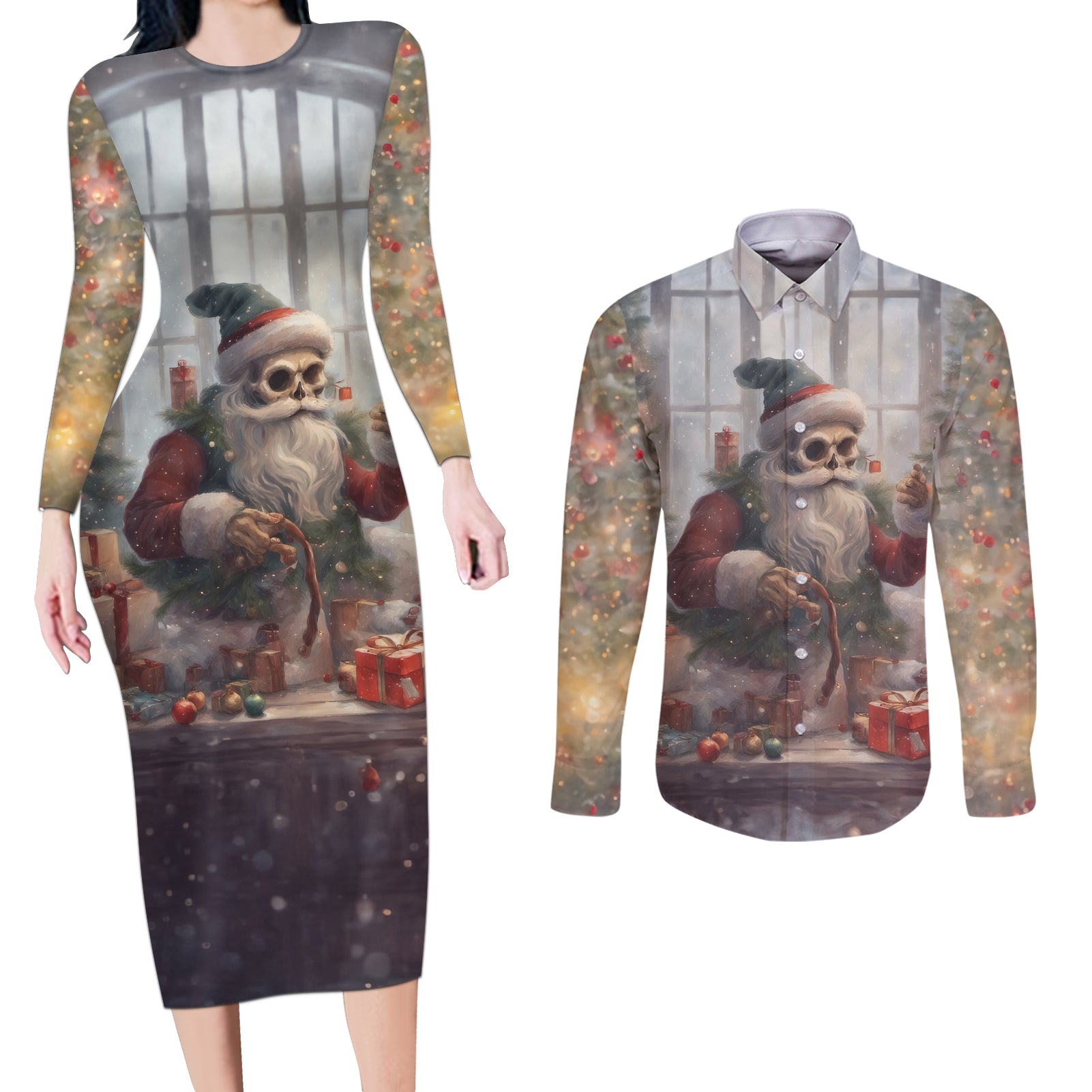 Skeleton Santa Claus Couples Matching Long Sleeve Bodycon Dress and Long Sleeve Button Shirt Repair For Christmas Santa Claus - Wonder Print Shop
