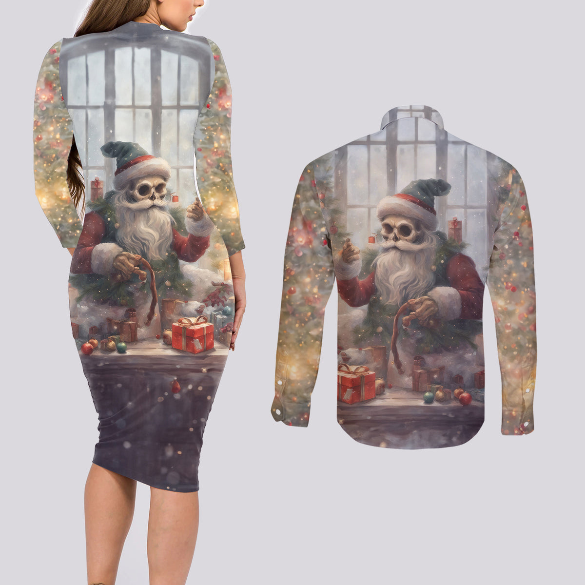 Skeleton Santa Claus Couples Matching Long Sleeve Bodycon Dress and Long Sleeve Button Shirt Repair For Christmas Santa Claus - Wonder Print Shop