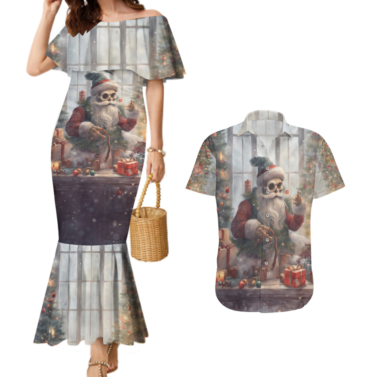 Skeleton Santa Claus Couples Matching Mermaid Dress and Hawaiian Shirt Repair For Christmas Santa Claus - Wonder Print Shop