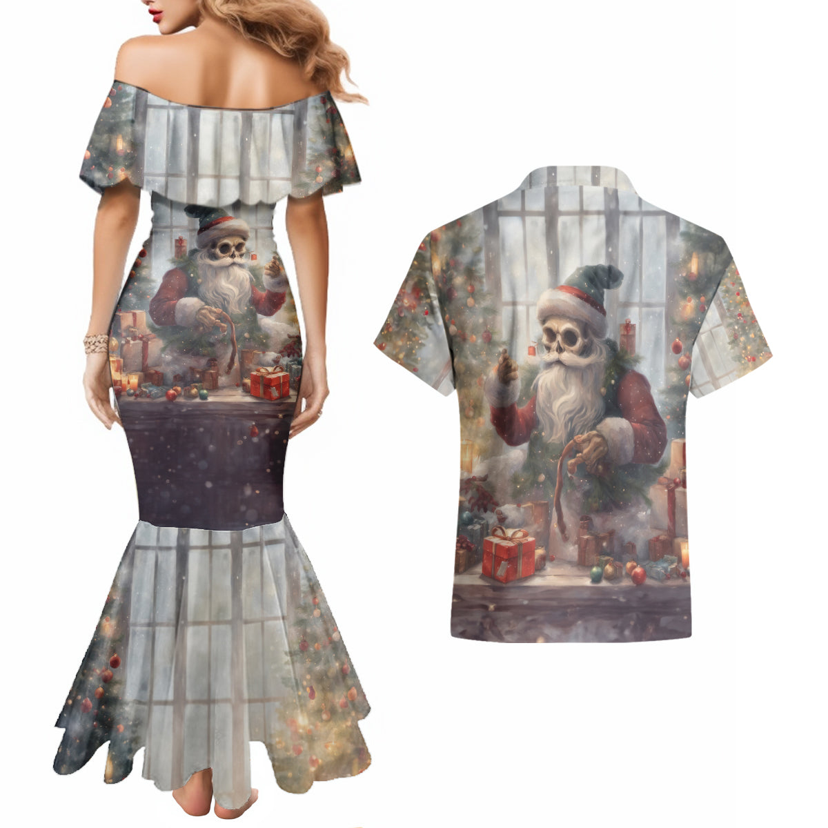 Skeleton Santa Claus Couples Matching Mermaid Dress and Hawaiian Shirt Repair For Christmas Santa Claus - Wonder Print Shop