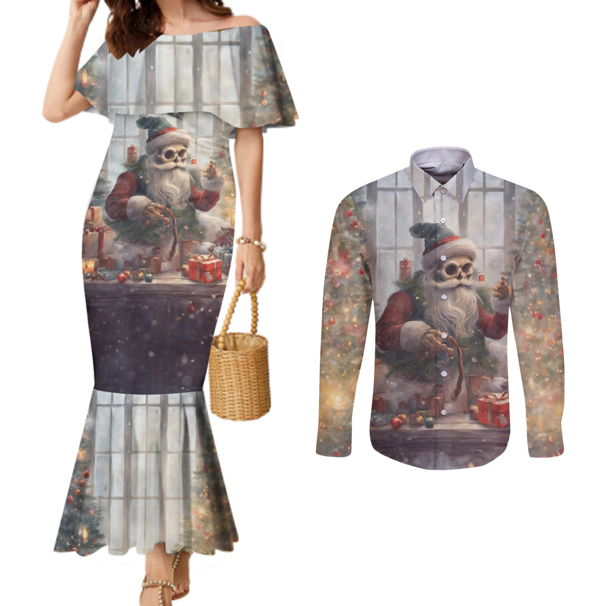skeleton-santa-claus-couples-matching-mermaid-dress-and-long-sleeve-button-shirt-repair-for-christmas-santa-claus