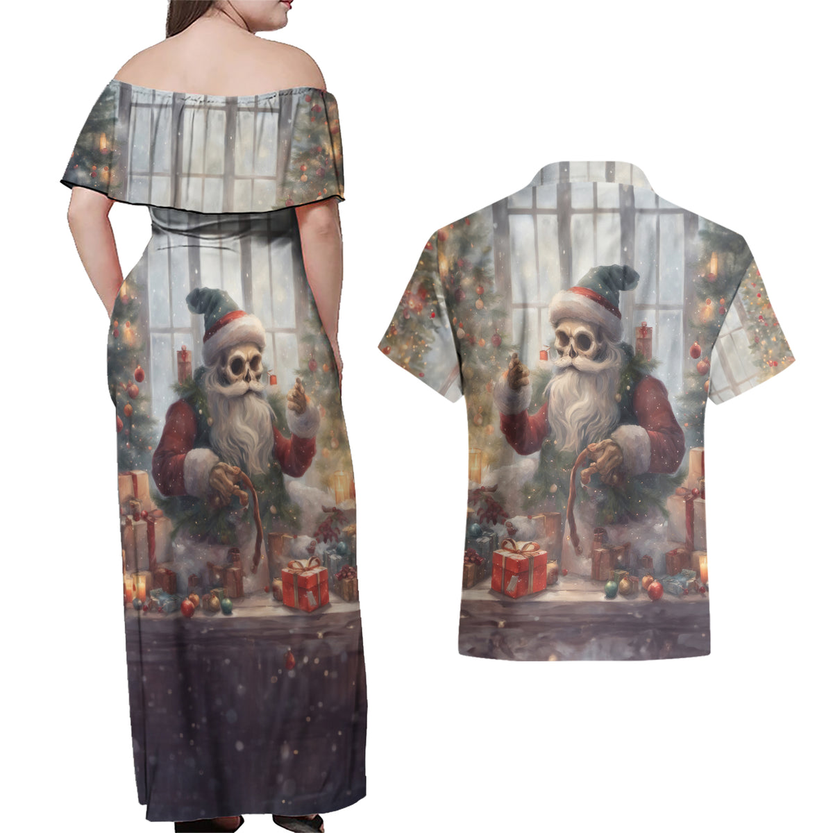 Skeleton Santa Claus Couples Matching Off Shoulder Maxi Dress and Hawaiian Shirt Repair For Christmas Santa Claus - Wonder Print Shop