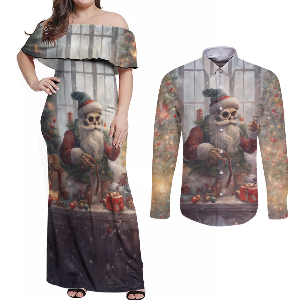 Skeleton Santa Claus Couples Matching Off Shoulder Maxi Dress and Long Sleeve Button Shirt Repair For Christmas Santa Claus - Wonder Print Shop