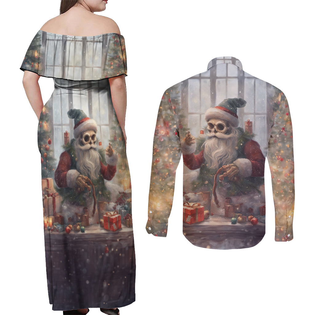 Skeleton Santa Claus Couples Matching Off Shoulder Maxi Dress and Long Sleeve Button Shirt Repair For Christmas Santa Claus - Wonder Print Shop