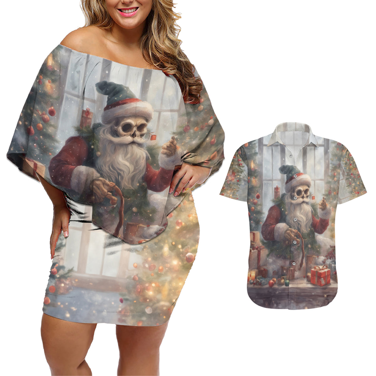 Skeleton Santa Claus Couples Matching Off Shoulder Short Dress and Hawaiian Shirt Repair For Christmas Santa Claus - Wonder Print Shop
