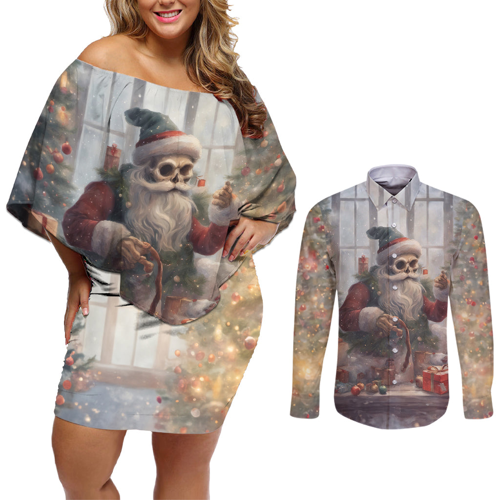 Skeleton Santa Claus Couples Matching Off Shoulder Short Dress and Long Sleeve Button Shirt Repair For Christmas Santa Claus - Wonder Print Shop
