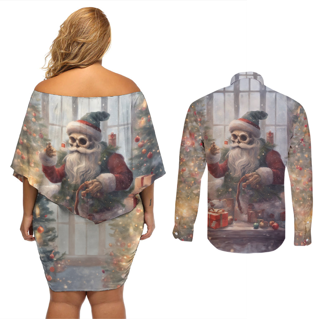 Skeleton Santa Claus Couples Matching Off Shoulder Short Dress and Long Sleeve Button Shirt Repair For Christmas Santa Claus - Wonder Print Shop