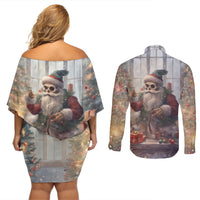 Skeleton Santa Claus Couples Matching Off Shoulder Short Dress and Long Sleeve Button Shirt Repair For Christmas Santa Claus - Wonder Print Shop
