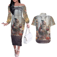 Skeleton Santa Claus Couples Matching Off The Shoulder Long Sleeve Dress and Hawaiian Shirt Repair For Christmas Santa Claus - Wonder Print Shop