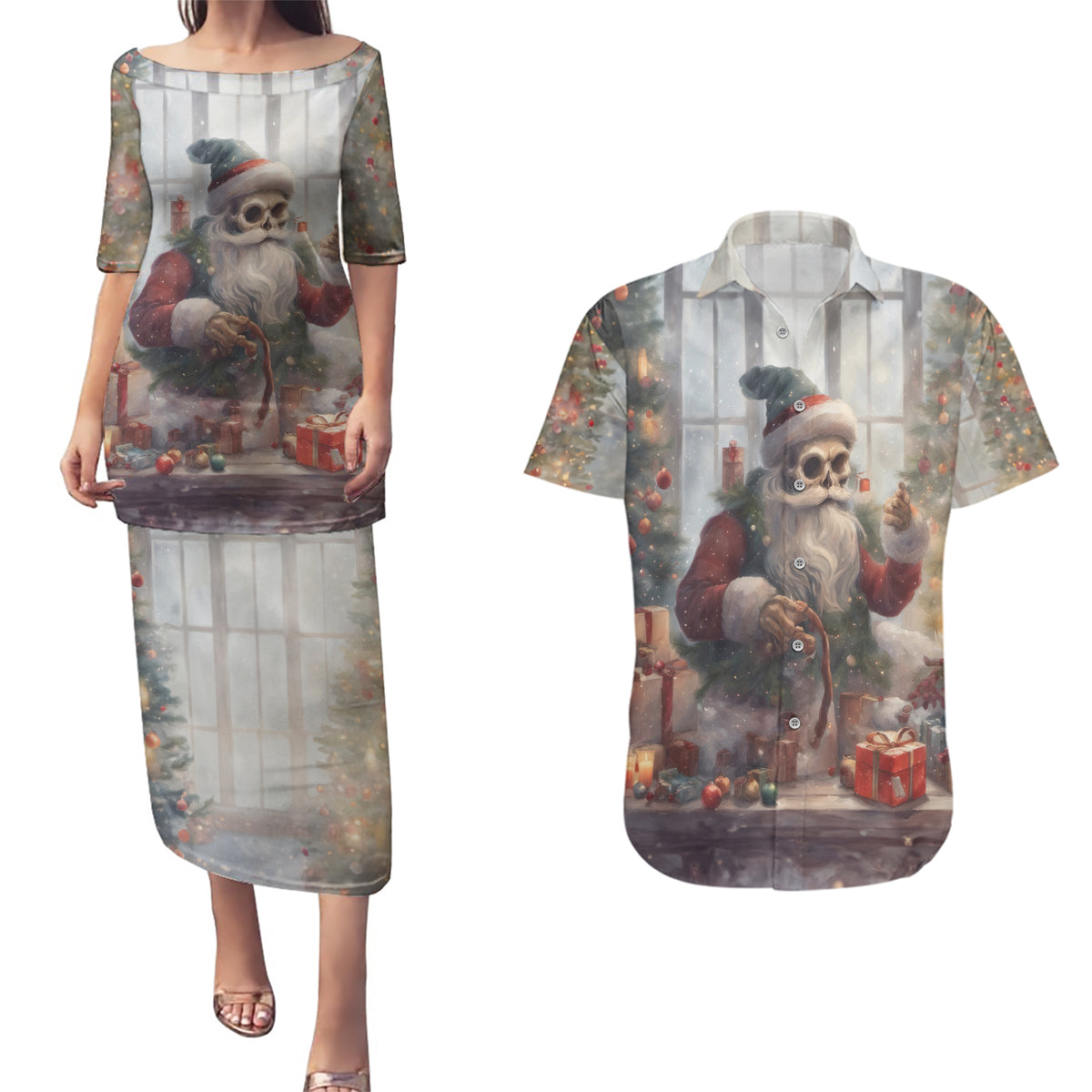 Skeleton Santa Claus Couples Matching Puletasi Dress and Hawaiian Shirt Repair For Christmas Santa Claus - Wonder Print Shop