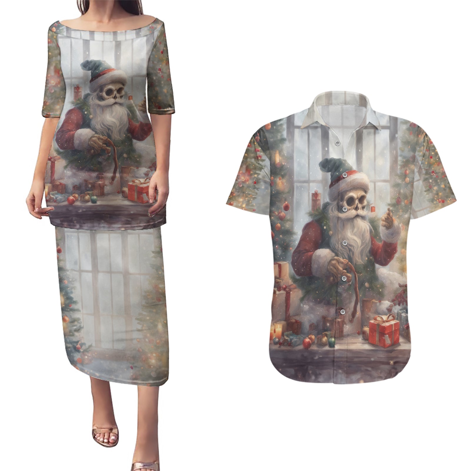 Skeleton Santa Claus Couples Matching Puletasi Dress and Hawaiian Shirt Repair For Christmas Santa Claus - Wonder Print Shop