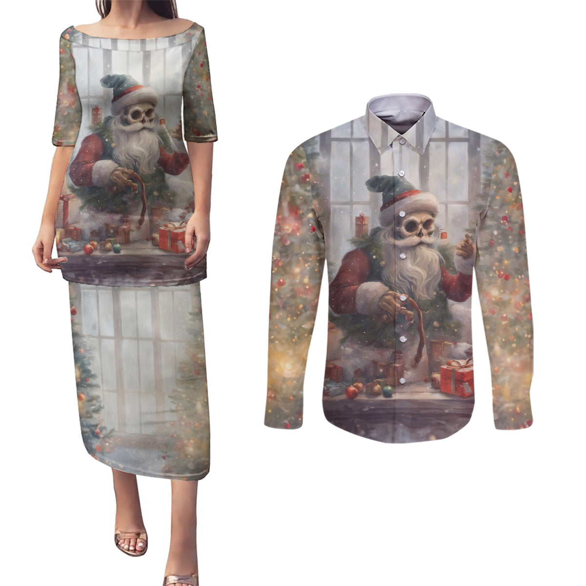 Skeleton Santa Claus Couples Matching Puletasi Dress and Long Sleeve Button Shirt Repair For Christmas Santa Claus - Wonder Print Shop