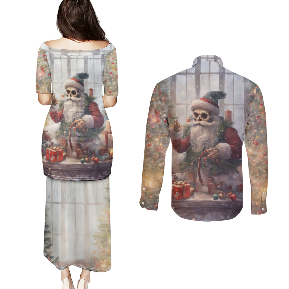 Skeleton Santa Claus Couples Matching Puletasi Dress and Long Sleeve Button Shirt Repair For Christmas Santa Claus - Wonder Print Shop