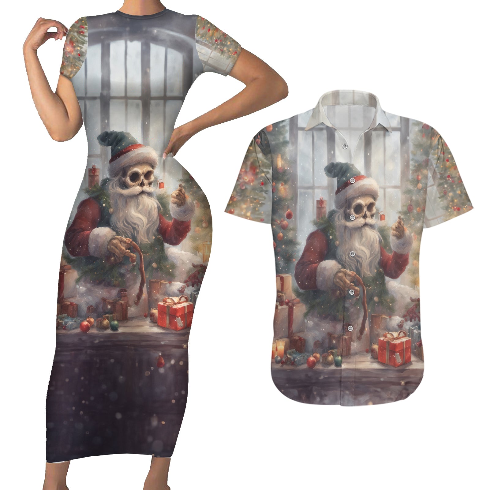 Skeleton Santa Claus Couples Matching Short Sleeve Bodycon Dress and Hawaiian Shirt Repair For Christmas Santa Claus - Wonder Print Shop