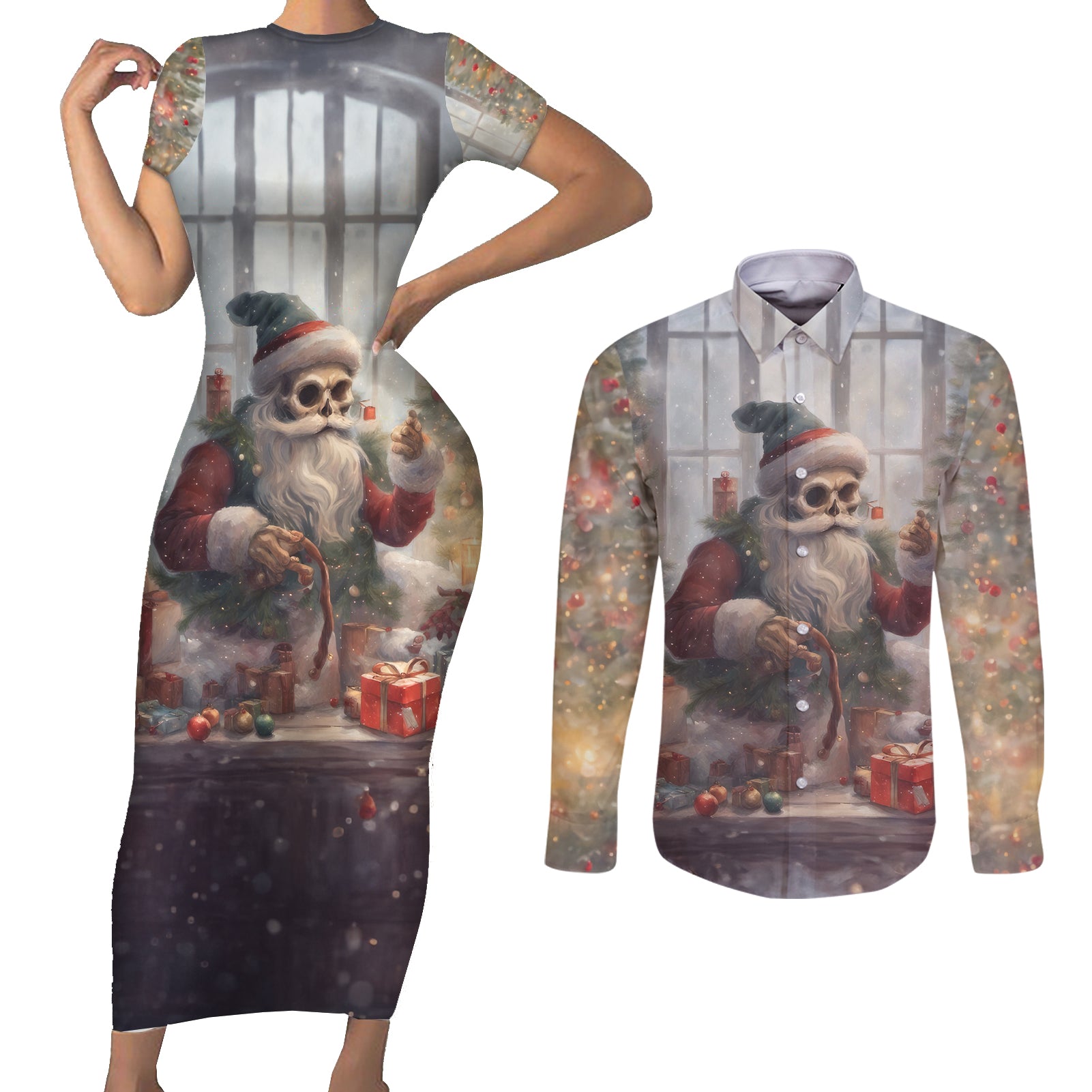 Skeleton Santa Claus Couples Matching Short Sleeve Bodycon Dress and Long Sleeve Button Shirt Repair For Christmas Santa Claus - Wonder Print Shop