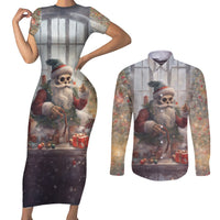 Skeleton Santa Claus Couples Matching Short Sleeve Bodycon Dress and Long Sleeve Button Shirt Repair For Christmas Santa Claus - Wonder Print Shop