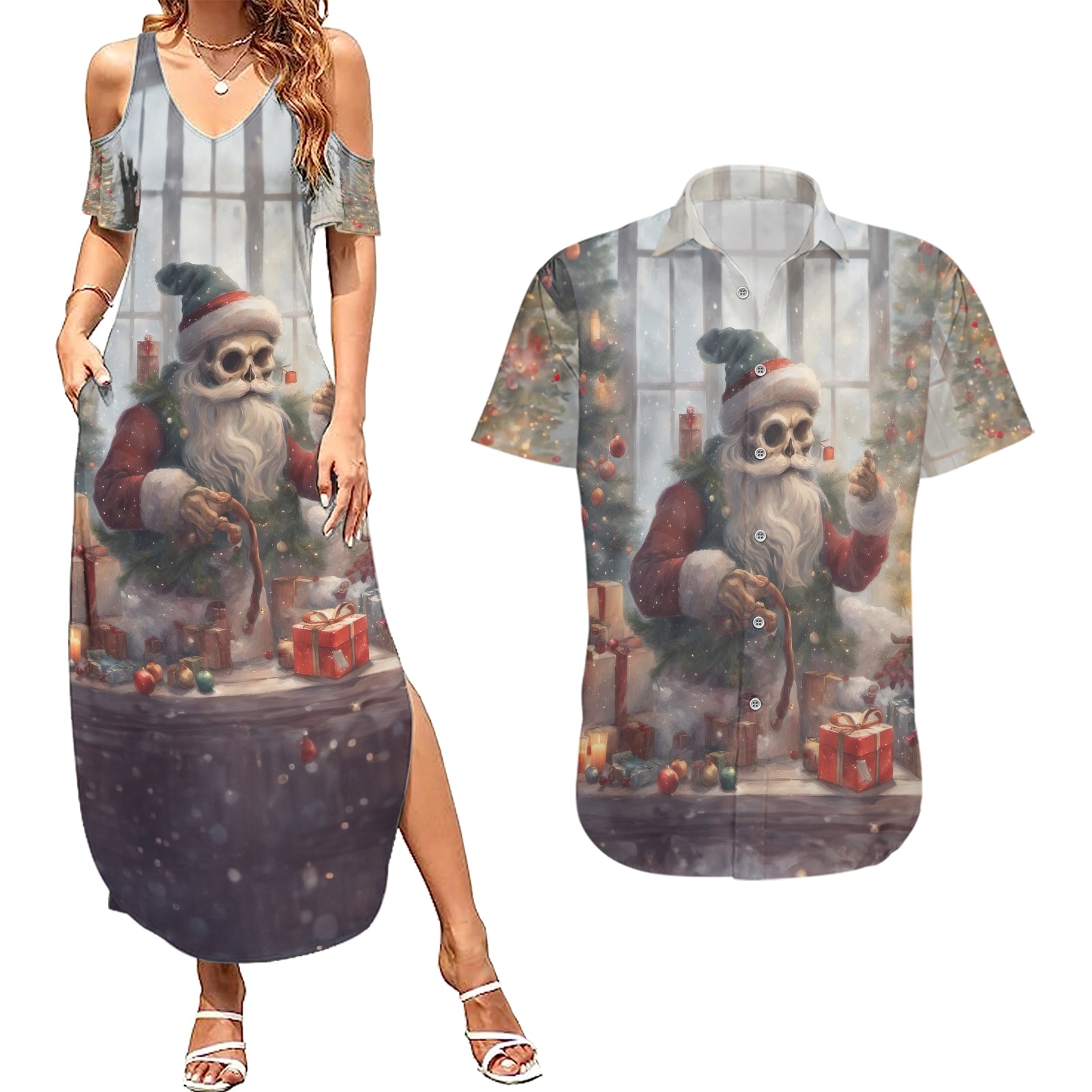 Skeleton Santa Claus Couples Matching Summer Maxi Dress and Hawaiian Shirt Repair For Christmas Santa Claus - Wonder Print Shop