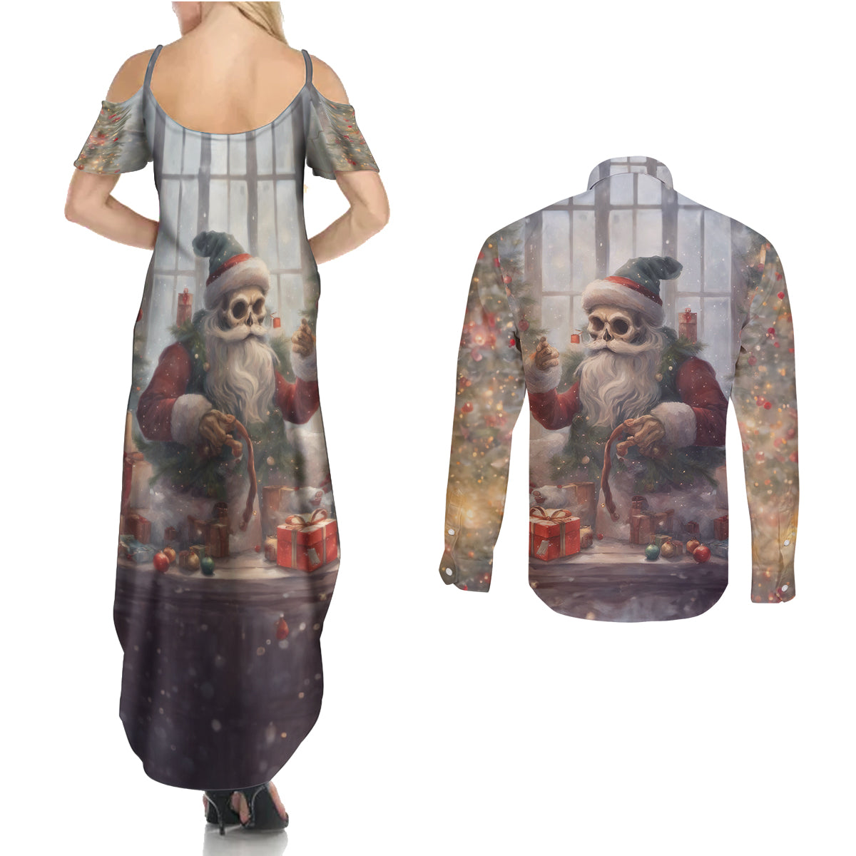 Skeleton Santa Claus Couples Matching Summer Maxi Dress and Long Sleeve Button Shirt Repair For Christmas Santa Claus - Wonder Print Shop