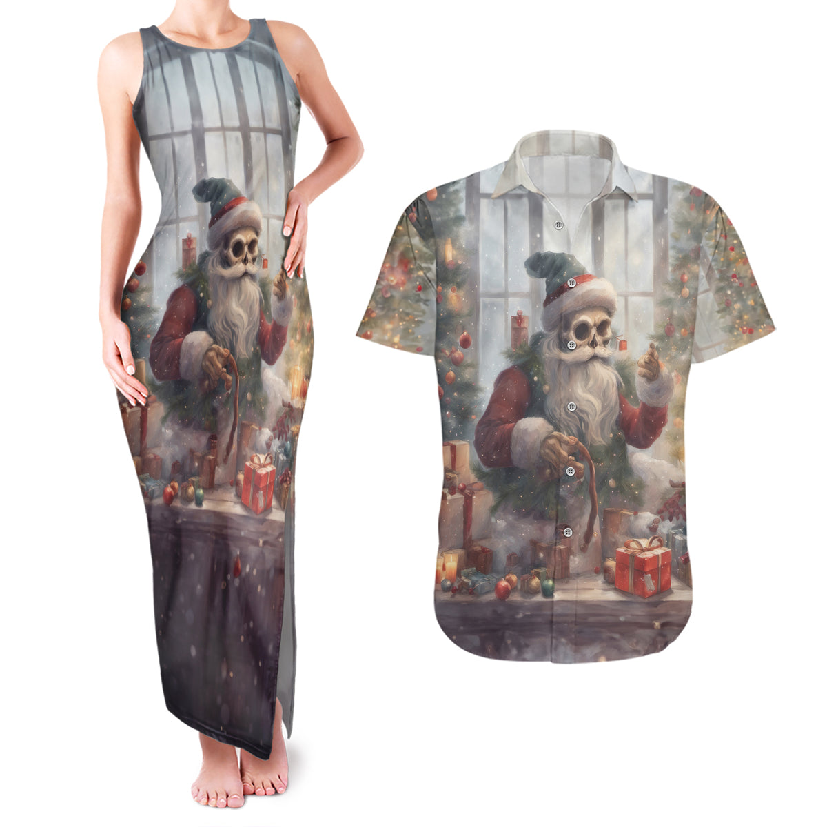Skeleton Santa Claus Couples Matching Tank Maxi Dress and Hawaiian Shirt Repair For Christmas Santa Claus - Wonder Print Shop